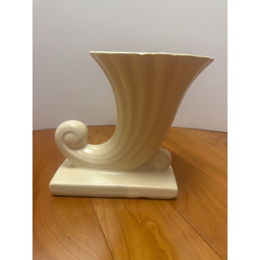 Vintage USA Pottery Cornucopia Vase | Ivory Horn of Plenty Planter